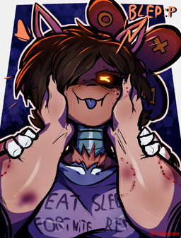 :3 alternate_costume ambiguous_gender big_breasts bite bite_mark black_hair black_sclera blep blood bodily_fluids bow_ribbon breasts brown_body brown_skin bruised clothing corpse disembodied_hand disguise duo earless face_squish female first_person_view flirting flirting_with_viewer freckled_face freckles gamer_girl glowing glowing_eyes grey_body grey_tongue hair hair_over_eye heart_symbol hearts_around_head hickey holding_arms holding_face long_hair looking_at_viewer machine male metal metallic_body narrowed_eyes nightmare_fuel noseless offscreen_character orange_text pale_body pale_skin pov_hands purple_clothing purple_shirt purple_topwear red_text scar scars_all_over screen screen_face segmented_body shirt simple_background skinsuit squish text tight_clothing tongue tongue_out topwear unusual_anatomy white_body x_eyes yellow_eyes diddlydooter1 glitch_productions murder_drones cyn_(murder_drones) tessa_(murder_drones) eldritch_abomination human humanoid mammal patchwork_creature robot robot_humanoid undead worker_drone zombie artist_name digital_drawing_(artwork) digital_media_(artwork) hi_res signature