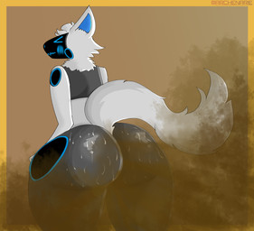 anthro big_butt bodily_fluids brown_fart_cloud butt butt_focus cybernetics fart fart_cloud fart_fetish gas gassy machine solo sweat sweatdrop sweaty_butt thick_thighs archenarie cyborg protogen robot absurd_res hi_res