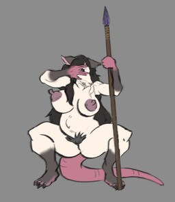 anthro big_nipples covering covering_face crouching embarrassed erect_nipples female hair hairy_vulva long_hair long_nipples melee_weapon nipples nude nude_female polearm pregnant pregnant_female pubes solo spear tail weapon whiskers guayo venny_nykopp american_opossum mammal marsupial absurd_res hi_res
