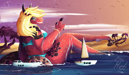 anthro beach biped boat bra claws clothing cloud eyewear female female_anthro finger_claws glasses gold_(metal) gold_jewelry horn horn_jewelry horn_ring island jewelry looking_at_viewer macro macro_anthro macro_female palm_tree panties partially_submerged plant ring_(jewelry) round_glasses sailing_boat sailing_watercraft sea seaside ship smile solo sunset swimwear toe_claws tree underwear vehicle water watercraft dragheti mythology eternia_(thewanderingcreator) dragon mythological_creature mythological_scalie scalie wingless_dragon colored hi_res