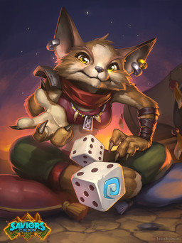 4_fingers anthro arm_wraps barefoot black_nose bottomwear breasts brown_body brown_fur claws clothed clothed_anthro clothed_female clothing dice feet female finger_claws fingers fur pants sitting smile solo wraps ivan_fomin blizzard_entertainment hearthstone warcraft canid mammal vulpera 2019 hi_res official_art