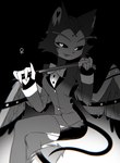 anthro clothing crossgender feathered_wings feathers female female_symbol gender_symbol looking_at_viewer mtf_crossgender solo suit symbol tail whip wings enaic31 hazbin_hotel husk_(hazbin_hotel) demon domestic_cat felid feline felis mammal absurd_res hi_res monochrome