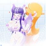 absurd_res anthro bat blonde_hair bodily_fluids breast_grab breasts cranebear domestic_cat duo felid feline felis female female/female genital_fluids green_eyes hair hand_on_breast hi_res jessica_young_melis mammal pinup pose purple_eyes purple_hair robot_anthro shower_room smoke tricia_ren_sounhoff