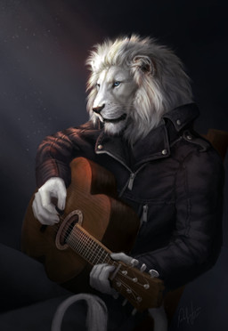 5_fingers acoustic_guitar anthro biped black_lips black_nose blue_eyes bottomwear chair clothed clothing fingers fully_clothed fur furniture grey_background guitar hair holding_musical_instrument holding_object jacket lips male music musical_instrument pants playing_guitar playing_music plucked_string_instrument simple_background sitting solo string_instrument topwear whiskers white_body white_fur white_hair wolnir felid lion mammal pantherine detailed hi_res
