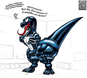 abs anthro big_butt black_body breasts butt camel_toe dialogue digitigrade duo female genitals gesture glistening glistening_body hand_gesture huge_butt inside long_tongue macro muscular non-mammal_breasts pointing pointing_at_another sharp_teeth size_difference smile standing tail teeth text tongue tongue_out vulva daniel_kay marvel spider-man_(series) spider-man_(character) venom_(marvel) animate_inanimate dinosaur living_clothing prehistoric_species reptile scalie symbiote theropod tyrannosaurid tyrannosauroid tyrannosaurus 2025 digital_media_(artwork) english_text hi_res