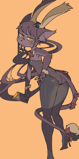accessory blush breasts bunny_costume clothing costume cuff_(restraint) fake_ears fake_rabbit_ears female footwear fur hair hair_accessory high_heels looking_at_viewer looking_back purple_body purple_fur purple_hair restraints ribbons shoes simple_background solo standing wrist_cuffs yellow_eyes idkuroi noire_kooshe felid feline mammal 2015