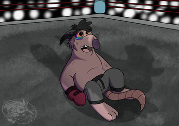anthro biped bodily_fluids bottomwear clothing fighting_ring male open_mouth shorts solo tears sherlackw brok_the_investigator cowcat_games kins_(brok_the_investigator) mammal murid murine rat rodent 2026 absurd_res hi_res