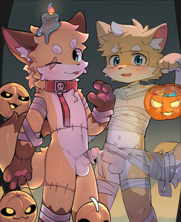 4_fingers anthro arm_scar balls blep blue_eyes blush blush_lines bodily_fluids brown_body brown_fur candle candle_on_head candle_wax candy chest_scar chest_tuft collar dessert duo erection eye_scar eyebrows eyewear facial_scar facial_tuft fingers food foreskin frankenstein_costume fruit fur genitals glistening glistening_body holding_object holidays inner_ear_fluff kemono leg_scar lit_candle looking_at_viewer male male/male melting_candle multicolored_body multicolored_fur mummy_costume mummy_wrappings navel one_eye_closed open_mouth pawpads paws penile penis penises_touching plant pumpkin scar simple_background style_swap sweat sweatdrop tail thigh_scar tongue tongue_out trick-or-treating tuft white_body white_eyebrows white_fur wink winking_at_viewer yellow_body yellow_fur young young_anthro young_male nekowuwu halloween nekowuwu_(character) canid mammal 2025 hi_res