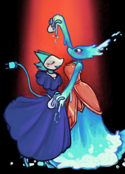 blue_body blue_clothing blue_dress blue_hair blush cheek_spots clothing dancing dress duo electrical_plug_tail eyes_closed female female/female hair hand_holding light machine orange_clothing orange_dress pointy_ears prick_ears snout tail water white_body freaky_frohicky deltarune undertale_(series) miss_mizzle tasque_manager darkner elemental_creature felid feline humanoid mammal mizzle_(deltarune) robot water_creature 2025 absurd_res hi_res lighting