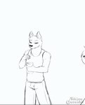 anthro black_clothing bottomwear clothing duo eating ellipsis eyes_closed fur hair hand_on_shoulder pants question_mark shirt sleeveless_shirt tank_top topwear vest nekinu_the_outsider canid canine mammal 2021 animated artist_name short_playtime