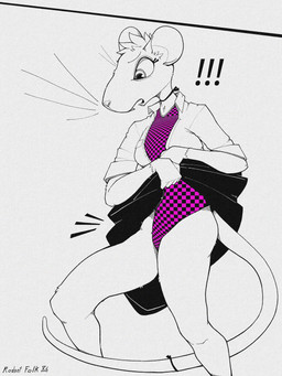 anthro belt bottomwear buckteeth choker clothed clothing clothing_lift confusion exclamation_point female fur furgonomics hair jewelry missing_texture necklace open_clothing open_shirt open_topwear shirt skirt skirt_lift solo teeth topwear whiskers gompami mammal murid murine rat rodent 2026 3:4 absurd_res hi_res spot_color