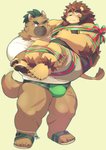 anthro belly blush bottomwear brown_body brown_fur bulge carrying_another clothing duo footwear fur kemono male male/male one_eye_closed overweight overweight_male sandals scar shirt shoes shorts simple_background topwear underwear white_background wink ayame42612 lifewonders tokyo_afterschool_summoners yasuyori_(tas) canid canine canis domestic_dog felid lion mammal pantherine 2020 hi_res