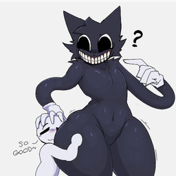 anthro arm_tuft black_body black_fur blush blush_lines butt cheek_tuft clothing dialogue duo facial_tuft featureless_crotch fur fur_tuft gloves gloves_only hand_on_butt handwear handwear_only head_on_butt head_tuft hug hugging_another hugging_butt looking_at_another male mostly_nude navel question_mark shoulder_tuft simple_background size_difference smile teeth thick_thighs tuft white_background white_body white_clothing white_gloves white_handwear wide_hips guhg_kemonowo cartoon_cat_(trevor_henderson) domestic_cat felid feline felis humanoid mammal monster