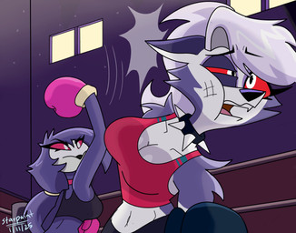 anthro athletic_wear beak big_breasts black_bra black_clothing black_hair black_sports_bra black_underwear boxing boxing_attire boxing_gloves bra breasts bruised bruised_eye choker cleavage clothed clothed_anthro clothed_female clothing collar duo face_punch female fighting_ring fur grey_body grey_fur grey_hair hair handwear jewelry knocked_back midriff navel necklace open_mouth pink_bra pink_choker pink_clothing pink_jewelry pink_necklace pink_sports_bra pink_underwear punch red_sclera scuff_marks small_waist spiked_collar spikes sport sports_bra tied_hair underwear white_eyes white_face starpaintart hellaverse helluva_boss mythology loona_(helluva_boss) octavia_(helluva_boss) avian avian_demon bird canid canid_demon canine demon hellhound mammal mythological_canine mythological_creature owl owl_demon 2025 absurd_res hi_res