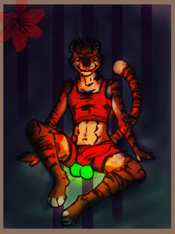 animal_genitalia animal_penis anthro balls biped canine_genitalia canine_penis chest_binder chest_wraps clothing dark dildo genitals glowing glowing_balls glowing_genitalia glowing_penis grin male penis red_chest_binder sex_toy simple_background sitting smile solo strapon underwear wraps cool. felid mammal pantherine tiger hi_res