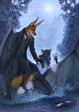 anthro ascot bat_ears bat_nose black_body black_fur bottomwear castle clothing duo eyes_in_darkness female fluffy fluffy_tail fur hand_on_shoulder hankerchief hill kneeling long_coat male membrane_(anatomy) membranous_wings moon neck_tuft night orange_body orange_fur outside pants plant pond suit tail text tight_clothing topwear tree tuft vest water weeds wings xngfng95 last_fables_(side_stories) chikh_(harribel) lord_vangria bat canid canine mammal maned_wolf absurd_res english_text hi_res