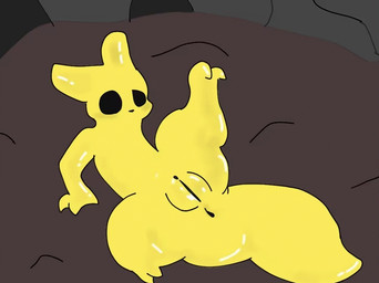 2_toes 3_fingers anus black_eyes black_nose confusion feet female feral fingers genitals solo toes vulva yellow_body yellow_face yellow_feet yellow_fingers cheese_rao rain_world videocult monk_(rain_world) slugcat