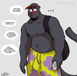 anthro backpack baseball_cap black_body black_fur blush bulge cellphone clothed clothing dialogue electronics ellipsis erection_under_bottomwear erection_under_swimming_trunks fur hat headgear headwear male navel nipples offscreen_character phone profanity smartphone solo speech_bubble swimming_trunks swimwear text topless manyakuma ambient_among_us among_us innersloth kenny_(manyakuma) felid mammal pantherine 2023 absurd_res english_text hi_res