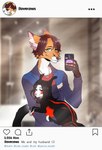 anthro black_body black_fur cellphone clothed clothing duo electronics feral fur hair holding_object inner_ear_fluff looking_at_viewer male pawpads phone red_body red_eyes red_fur red_hair red_pawpads selfie simple_background smile standing text topwear tuft white_face the_pigeon instagram erwin_wolz pascal_(jeffusherb) canid canine canis domestic_cat felid feline felis fox mammal 2020 digital_media_(artwork) english_text half-length_portrait hi_res portrait