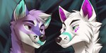 anthro black_nose duo ears_up fur green_eyes hair looking_at_another male markings pink_body pink_eyes pink_fur shibareenu smile teeth white_body white_fur young koul canid canine canis mammal wolf mike_(disambiguation) 2:1