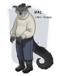ambiguous_gender anthro boots bottomwear claws clothed clothing footwear fully_clothed fur grey_body grey_fur hair pants shoes snout solo standing sweater tail text topwear turtleneck whiskers starfleetrambo siren_and_scientist mal_(starfleetrambo) binturong mammal viverrid digital_media_(artwork) english_text