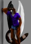 absurd_res anthro black_wings bulge clothed clothing feathered_wings feathers front_view fully_clothed hi_res hybrid lagomorph male mammal mismatched_wings muscular muscular_anthro muscular_male procyonid raccoon skvader skyeder0 smile solo standing tail tight_clothing white_wings wings