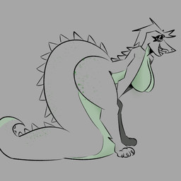 anthro back_spikes belly bent_over big_breasts big_butt big_tail biped breasts butt feet female freckled_butt freckled_shoulders freckled_tail freckles green_belly green_breasts green_freckles green_spots half-closed_eyes hindpaw looking_at_viewer narrowed_eyes nipple_outline non-mammal_breasts open_mouth paws sharp_teeth side_view solo spikes spikes_(anatomy) spots standing tail tail_spines teeth thick_thighs dango_tango crocodilian reptile scalie 1:1 digital_drawing_(artwork) digital_media_(artwork) restricted_palette