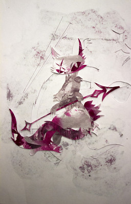 ambiguous_gender anthro brown_body brown_fur fangs fur holding_melee_weapon holding_object holding_polearm holding_spear holding_weapon melee_weapon pink_body pink_fur polearm solo spear teeth weapon white_eyes naircat domestic_cat felid feline felis mammal 2015 digital_media_(artwork) hi_res pink_theme