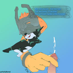 armor bodily_fluids chibi cum cute_fangs dialogue disembodied_penis duo erection fangs feet female genital_fluids genitals hairjob hand_on_hip handjob headgear helmet looking_at_viewer looking_back lying male male/female not_furry on_side open_mouth orgasm penile penis prehensile_hair premature_ejaculation sex simple_background solo_focus teasing teeth text vulva perfectlynormal nintendo the_legend_of_zelda twilight_princess midna humanoid imp twili 1:1 2020 absurd_res english_text hi_res