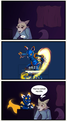 ambiguous_gender anthro blue_body clothed clothing computer dark electronics fur humor machine male mascot simple_background smile tail text white_body yellow_eyes nospots e621 esix android canid canine domestic_cat felid feline felis mammal robot 2024 comic digital_media_(artwork) english_text hi_res