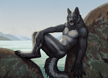 anthro claws fangs fluffy fluffy_tail fur grey_body grey_fur grin lichen male moss plant rock sea smile smiley_face solo tail teeth water white_body yellow_eyes cu_sith_(artist) canid canine canis mammal mephitid skunk wolf hi_res