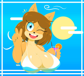 anthro bendy_straw beverage big_breasts bikini breasts brown_hair cleavage clothed clothing drinking_straw female gesture hair hand_gesture mature_anthro mature_female one_eye_closed sky solo sun swimwear two-piece_swimsuit v_sign wink mamaminxmeat june_(jinu) canid canine canis domestic_dog mammal shiba_inu spitz absurd_res half-length_portrait hi_res portrait