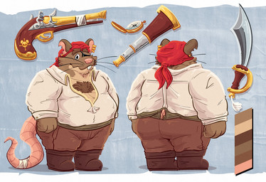 anthro bottomwear brown_body brown_fur butt clothing ear_piercing ear_ring eye_patch eyewear fur male overweight overweight_male pants piercing pink_nose pirate ring_piercing shirt solo standing topwear weapon 06junior11 mammal murid murine rat rodent 2026 hi_res model_sheet