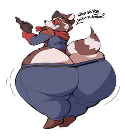 anthro belt big_butt blue_bottomwear blue_clothing blue_jacket blue_pants blue_topwear bottom_heavy bottomwear brown_body brown_fur butt clothing dialogue eyewear footwear frown fur furry_tail gloves goggles gun handwear holding_gun holding_object holding_ranged_weapon holding_weapon huge_butt huge_hips hyper hyper_butt jacket looking_back male pants ranged_weapon red_clothing red_eyes red_gloves red_handwear red_scarf scarf scowl shoes shoulder_pads solo tail text thick_thighs topwear wardrobe_malfunction weapon wide_hips wobble boot_(artist) guardians_of_the_galaxy marvel rocket_raccoon mammal procyonid raccoon 2019 english_text