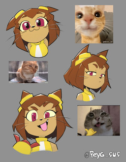 :3 anthro breasts brown_body brown_hair eyebrows eyelashes eyewear eyewear_on_head female goggles goggles_on_head hair looking_at_viewer magenta_eyes solo tongue tongue_out whiskers yellow_sclera ai_generated_reference peyg_sus gameoverse glitch_productions rigby_the_cat kit_bodega domestic_cat felid feline felis mammal 2026 absurd_res hi_res reference_image