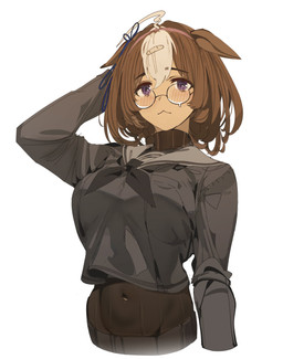 accessory ahoge bandage big_breasts black_clothing black_eyebrows black_jacket black_kerchief black_topwear bodily_fluids bodysuit breasts brown_ears brown_hair clothing eyebrow_through_hair eyebrows eyewear female front_view glasses hair hair_accessory hair_ribbon hand_behind_head huge_breasts jacket kerchief looking_at_viewer mouth_closed multicolored_hair navel purple_eyes ribbons round_glasses short_hair simple_background skinsuit solo spiral spiral_eyes sweat sweatdrop sweater tight_clothing topwear translucent translucent_hair turtleneck white_background white_hair wide_hips tomatolover16 cygames uma_musume_pretty_derby meisho_doto_(pretty_derby) animal_humanoid equid equid_humanoid equine equine_humanoid horse_humanoid humanoid mammal mammal_humanoid 2026 absurd_res hi_res portrait three-quarter_portrait