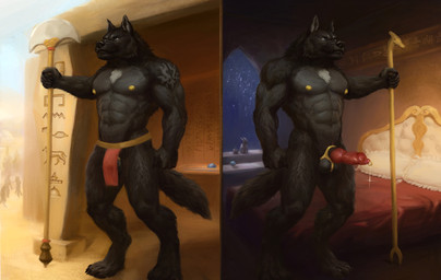 abs animal_genitalia anthro areola balls bed bedroom biceps black_body black_fur bodily_fluids bottomwear canine_genitalia casual_erection clothed clothing digitigrade egyptian erection feet fingers flaccid fully_sheathed fur furniture genital_fluids genital_piercing genitals guard holding_object holding_staff holding_weapon knot knotted_penis leaking_precum loincloth loincloth_only male muscular muscular_anthro muscular_male nipples nude pecs penis penis_piercing piercing pillow precum precum_string prince_albert_piercing sheath solo staff standing tail toes topless topless_anthro topless_male weapon orcfun sonic_wolfe canid canine canis mammal wolf digital_media_(artwork) hi_res
