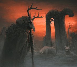 bone bone_mask clothing feral fog group mask moon robe ruins skull skull_mask sun sunset stoudaa hermit canid canine canis human mammal wolf