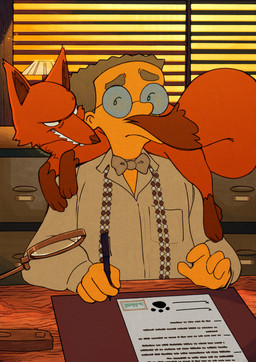 blinds brown_body brown_fur carrying_another clothed clothing contract duo eyewear feral filing_cabinet fur glasses implied_transformation inside lamp magnifying_glass male on_shoulders orange_body orange_fur pen sharp_teeth size_difference teasing teeth window yellow_body yellow_skin sucksumps island_of_dr_moreau the_simpsons charles_montgomery_burns waylon_smithers canid canine fox human mammal absurd_res hi_res