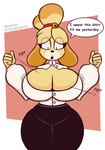 anthro big_breasts blush bottomwear breasts clothing female skirt solo surprise text wardrobe_malfunction euphorica animal_crossing nintendo isabelle_(animal_crossing) canid canine mammal hi_res