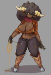 afro anthro areola areola_slip big_breasts big_horn bottomwear breasts brown_areola brown_body brown_clothing brown_fur brown_gloves brown_handwear cleavage clothed clothing eyelashes female front_view fur genitals gloves grey_background grey_hair hair handwear holding_lasso holding_object hooves horn huge_breasts lasso looking_at_viewer navel orange_clothing orange_topwear pants pube_peek pubes purple_bottomwear purple_clothing purple_pants pussy red_scarf scarf sheriff_badge simple_background solo tan_horn thick_thighs topwear wide_hips yellow_eyes silverqueen0 nintendo pokemon bouffalant generation_5_pokemon pokemon_(species) hi_res