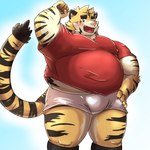 anthro blush bottomwear clothing humanoid_hands kemono male overweight overweight_male pink_nose rugby rugby_uniform shirt shorts simple_background solo topwear mohumohudansi felid mammal pantherine tiger 1:1 2023 hi_res