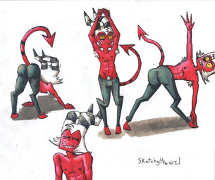 bottomwear clothing male pants shirtless_male solo stretching yoga yoga_pants sketchytheweasel hellaverse helluva_boss moxxie_(helluva_boss) demon demon_humanoid humanoid imp