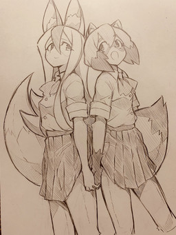 anthro bottomwear clothed clothing duo eye_contact female fully_clothed hair hand_holding long_ears looking_at_another short_hair skirt smile topwear uniform curemitsuba brand_new_animal studio_trigger michiru_kagemori nazuna_hiwatashi canid canine fox mammal raccoon_dog tanuki 3:4 hi_res traditional_media_(artwork)