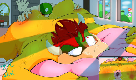 anal anthro anus arm_markings ass_up bed bedding bedroom bedroom_sex big_butt bite bite_mark bite_mark_on_butt blush bodily_fluids body_blush butt butt_blush butt_grab butt_slap clothing duo eye_roll facial_hair furniture gaping gaping_anus hand_markings hand_on_butt hat headgear headwear heart_eyes heart_symbol horn larger_sub lying male male/male male_rimming_male markings muscular muscular_male mustache on_front one_eye_half-closed oral perineum pillow pillow_bite puffy_anus rimming saliva_on_anus sex short_tail size_difference slap snot spank_marks_on_ass spanking submissive tail tail_motion tailwag tears tears_of_pleasure window yellow_body soul_d_raws mario_bros nintendo bowser luigi human koopa mammal reptile scalie turtle 2026 digital_drawing_(artwork) digital_media_(artwork) hi_res