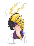 accessory black_hair claws duo feral hair headband hug larva male segmented_body yellow_body s2o9o3os2 bandai_namco digimon digimon_survive kunemon_(survive) ryou_tominaga arthropod caterpillar digimon_(species) human insect kunemon mammal 3:4