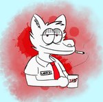 anthro beverage cigarette coffee coffee_mug head_tuft inner_ear_fluff male name_tag red_eyes simple_background smile smoking solo sticker tired tired_eyes toony tuft work_uniform chadzadd larry_(chadzadd) arctic_fox canid canine fox mammal true_fox signature