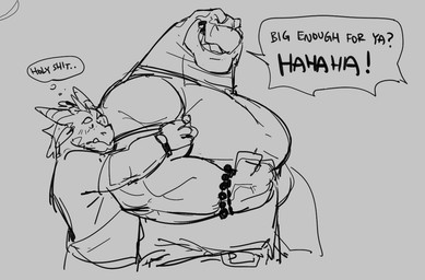 anthro belt biped bracelet clock clothing dialogue fist flexing horn jewelry male male/male muscular muscular_anthro muscular_arms muscular_male open_mouth pecs shirt speech_bubble teeth text thought_bubble topwear watch 0rang3 mythology dinosaur dragon mythological_creature mythological_scalie prehistoric_species reptile scalie english_text monochrome sketch