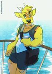 anthro boat bottomwear clothing coffee_cup container cup fangs fur horn male railing sea shirt shorts shoulder_bag sleeveless_shirt solo teeth topwear vehicle water watercraft yellow_body yellow_fur jangoduck dj_strap cervine deer mammal muntjac absurd_res hi_res