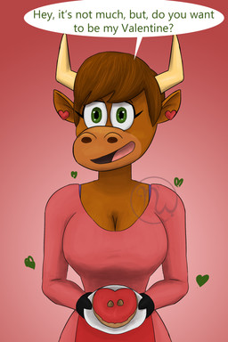 2_horns anthro apron asking asking_viewer bangs big_breasts black_hands bra breasts brown_body brown_fur brown_hair candy chocolate cleavage clothed clothed_anthro clothed_female clothing cookie dessert dialogue dress ear_piercing eyelashes female female_anthro fingers food fur green_eyes hair heart_ear_piercing hearts_around_body holding_object holding_plate holidays hoof_hands horn lidded_eyes light logo looking_at_viewer multicolored_body multicolored_fur open_mouth open_smile piercing pink_tongue plate purple_bra purple_clothing purple_underwear red_apron red_background red_clothing red_dress short_hair simple_background smile smiling_at_viewer solo speech_bubble standing talking_to_viewer tan_horn text tongue two_tone_body two_tone_fur underwear skywater cookie_haus jackbox_games the_jackbox_party_pack valentine's_day moonique_(cookie_haus) bovid bovine cattle mammal 2026 2:3 absurd_res adobe_photoshop_(artwork) artist_logo colored digital_drawing_(artwork) digital_media_(artwork) english_description english_text hi_res lighting shaded